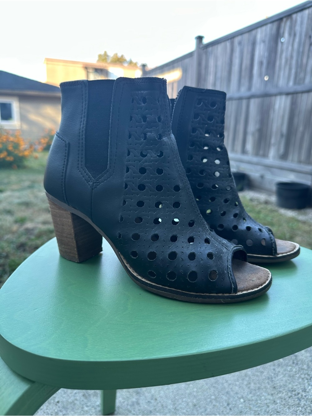 Tom’s Women's Black Perforated Peep-Toe Block Heel Booties